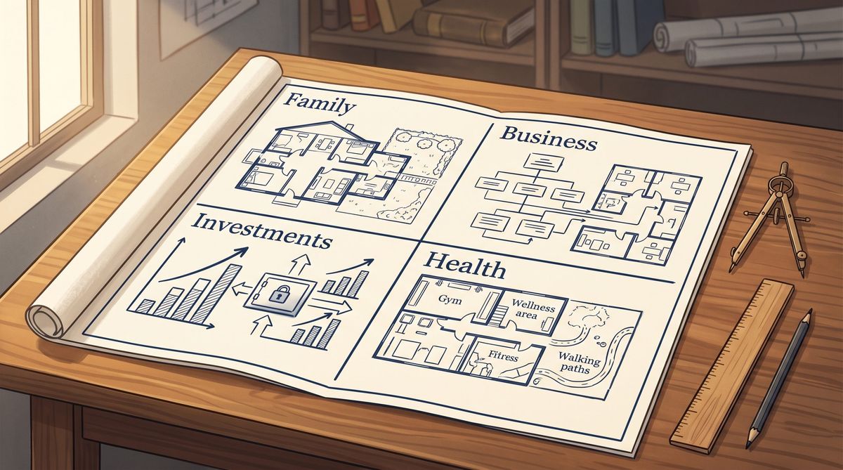 Illustration of a blueprint on a wooden desk divided into four quadrants labeled Family, Business, Investments, and Health
