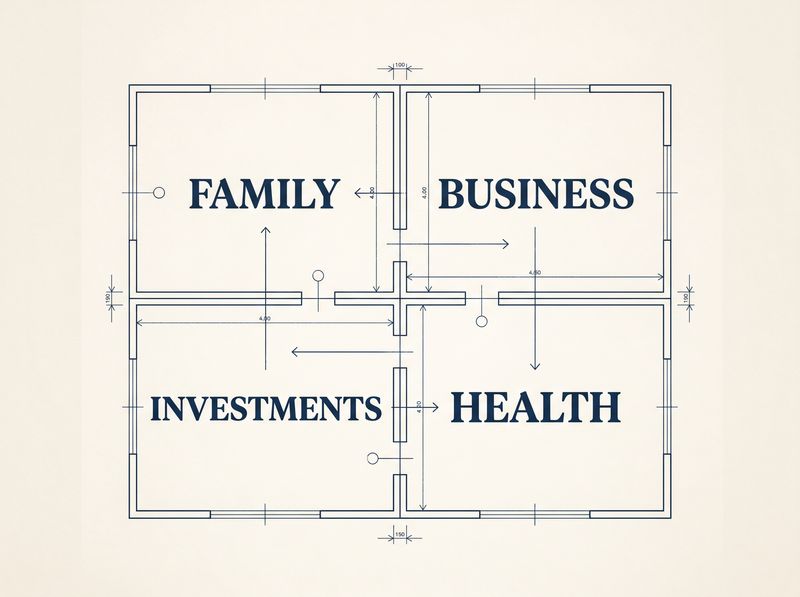 Blueprint-style diagram divided into four sections labeled Family, Business, Investments, and Health